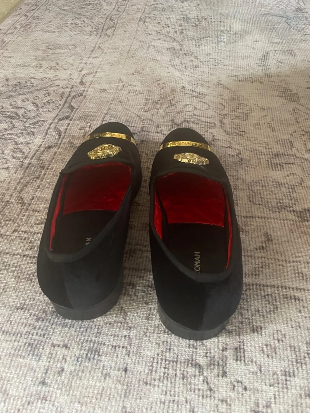 Elanroman Men’s Black Velvet  Gold Crest Luxury Dress Shoes size EU 44/US 11